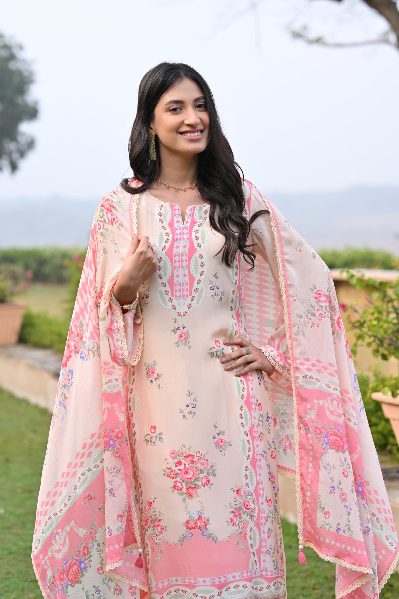 Peach and Pink Breezy Summer Lacy Suit Set