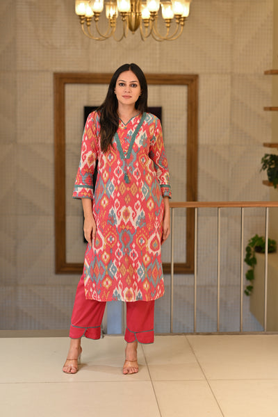 Punch Pink Ikkat Print Super Soft Cotton Kurta Pant Set