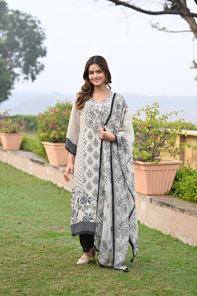 Black and Off White Block Print Suit Set with Gota and Tari Work and Organza Dupatta