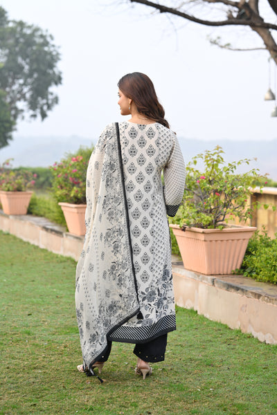 Black and Off White Block Print Suit Set with Gota and Tari Work and Organza Dupatta