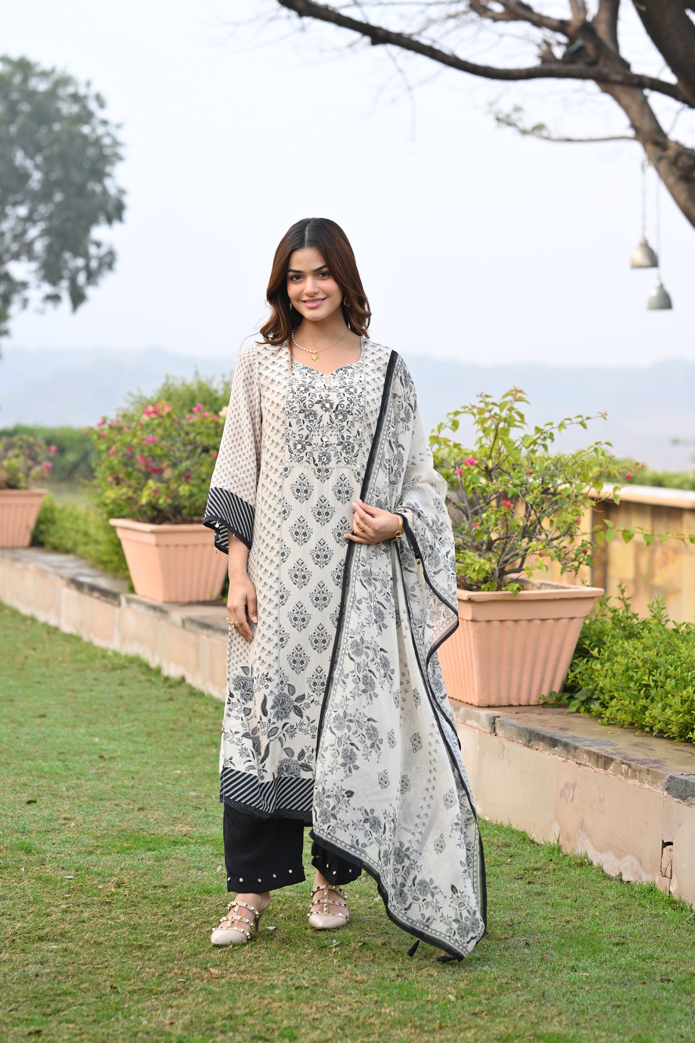 Black and Off White Block Print Suit Set with Gota and Tari Work and Organza Dupatta