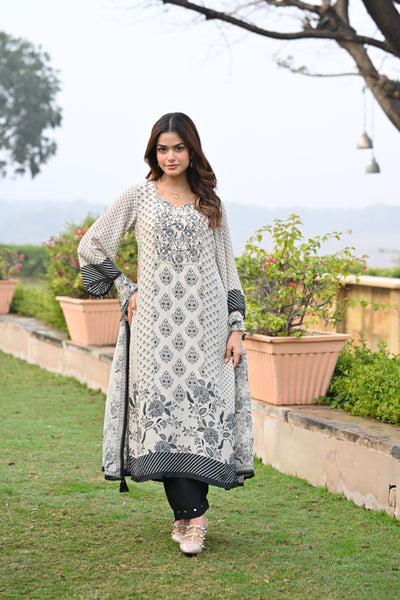 Black and Off White Block Print Suit Set with Gota and Tari Work and Organza Dupatta