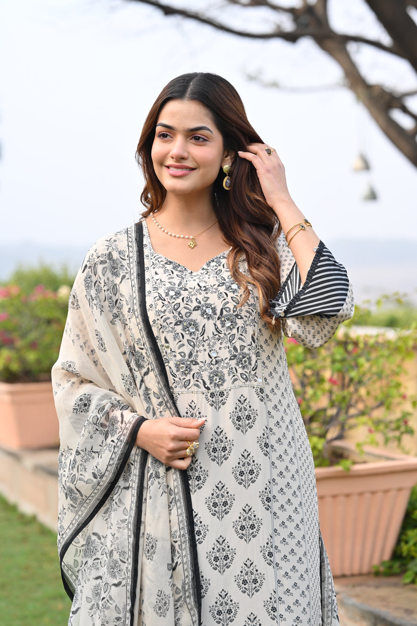 Black and Off White Block Print Suit Set with Gota and Tari Work and Organza Dupatta