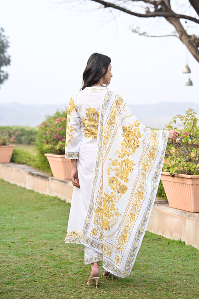 Yellow Pearl Work Pure Mul Cotton Suit Set with Cotton Lining