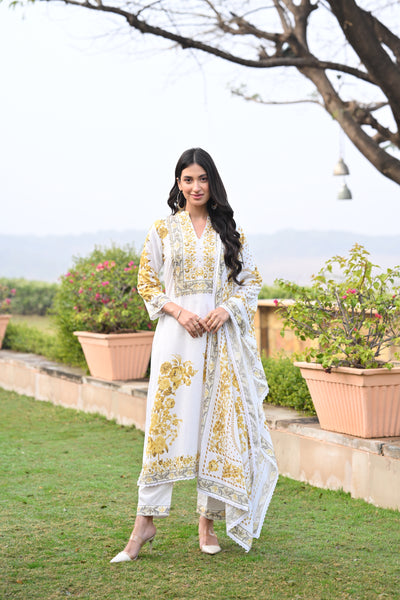 Yellow Pearl Work Pure Mul Cotton Suit Set with Cotton Lining