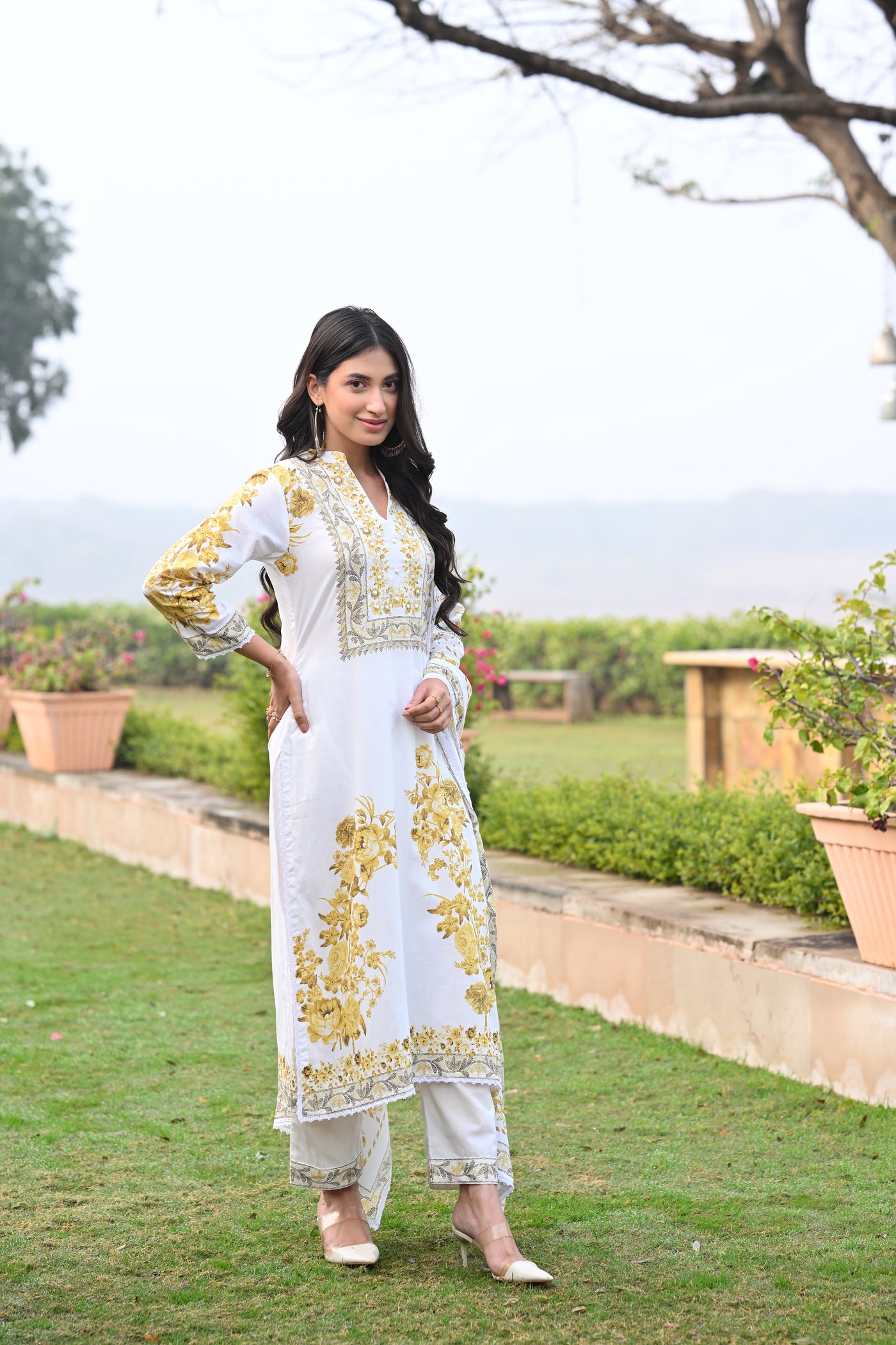 Yellow Pearl Work Pure Mul Cotton Suit Set with Cotton Lining