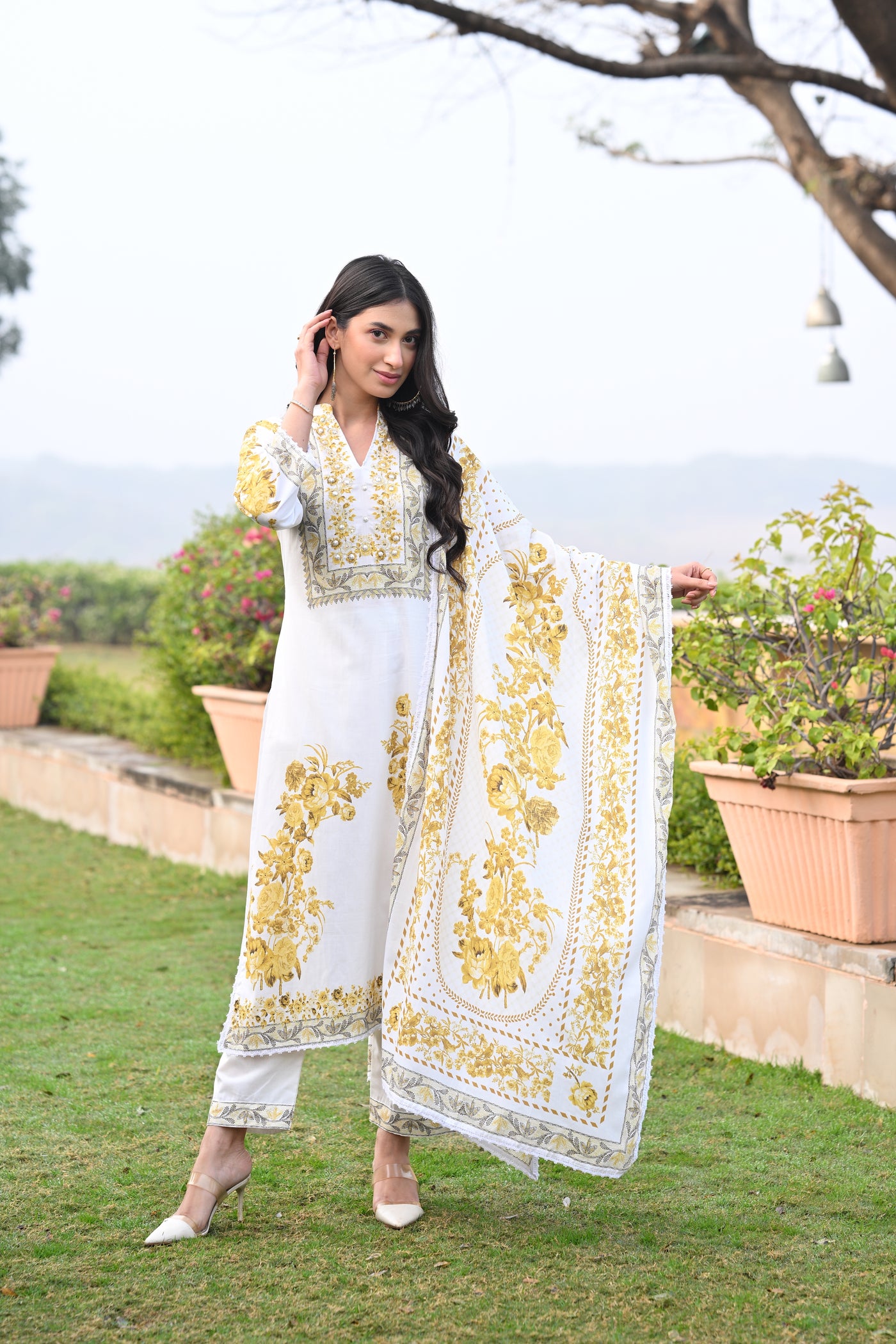 Yellow Pearl Work Pure Mul Cotton Suit Set with Cotton Lining