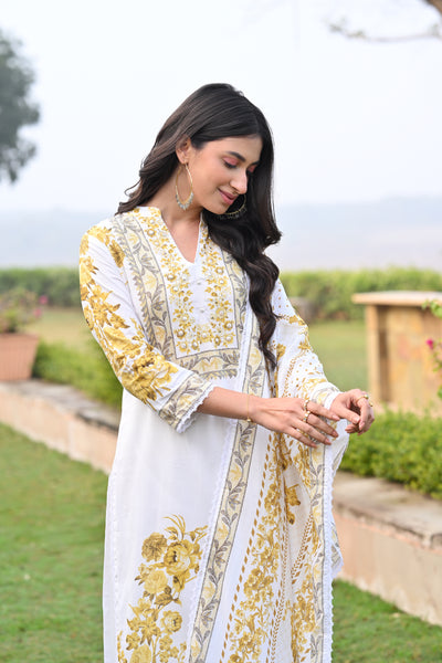 Yellow Pearl Work Pure Mul Cotton Suit Set with Cotton Lining