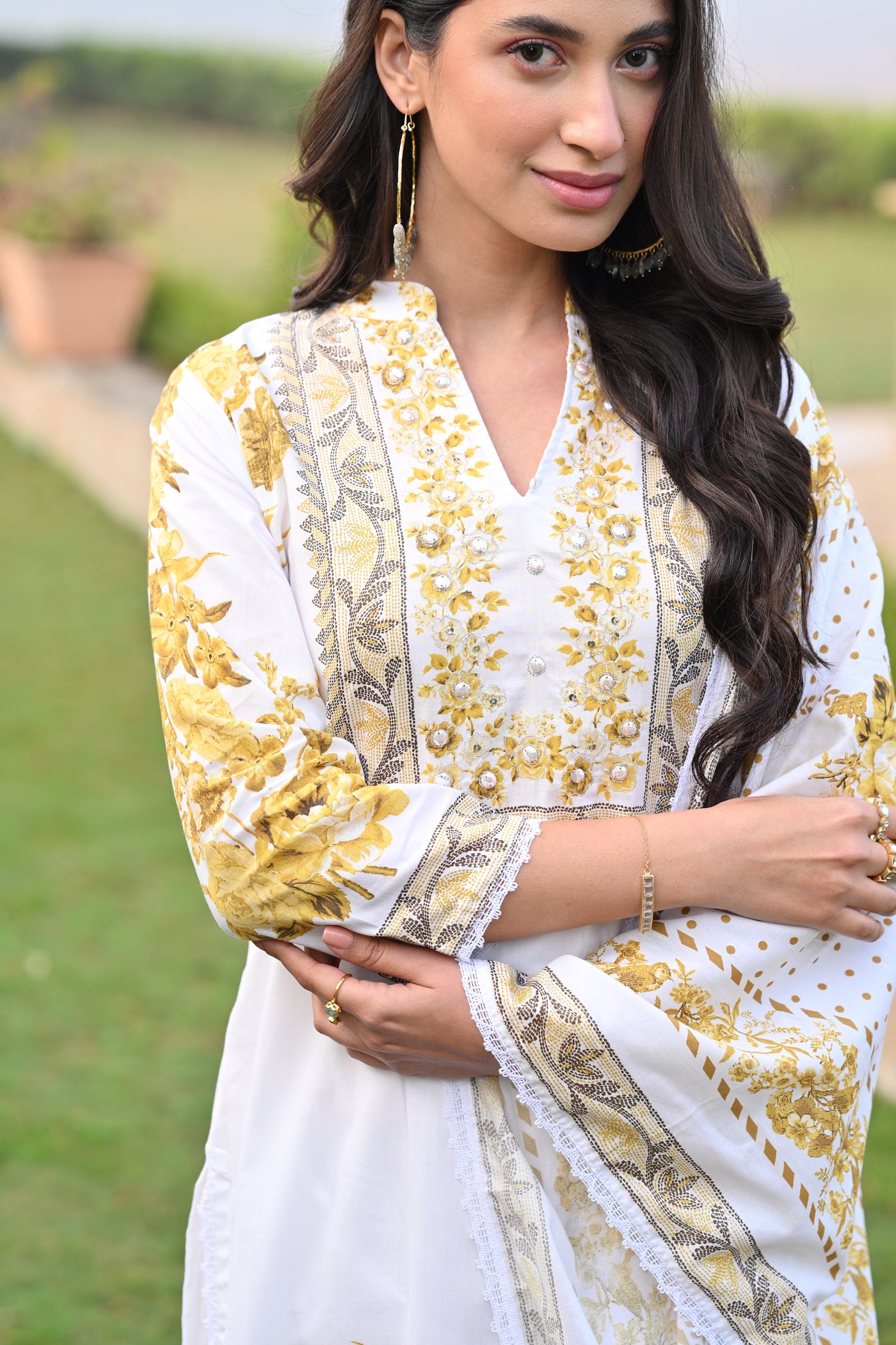 Yellow Pearl Work Pure Mul Cotton Suit Set with Cotton Lining