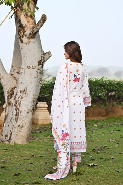 White Floral Print Pure Mul Cotton Suit Set with Lining