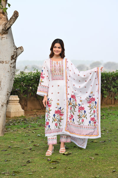 White Floral Print Pure Mul Cotton Suit Set with Lining