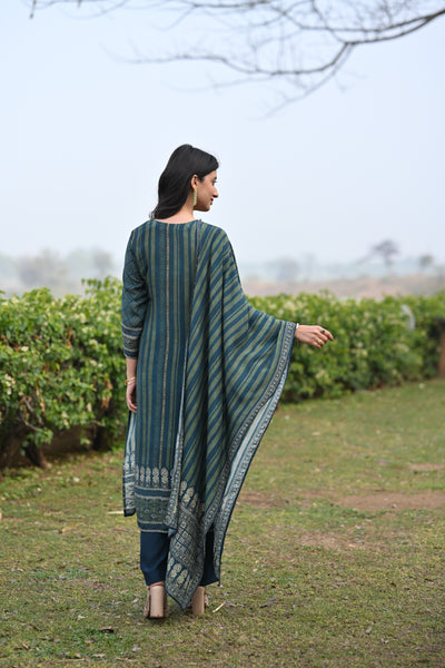 Bottle Green and Blue Ajrakh and Block Print Muslin Suit