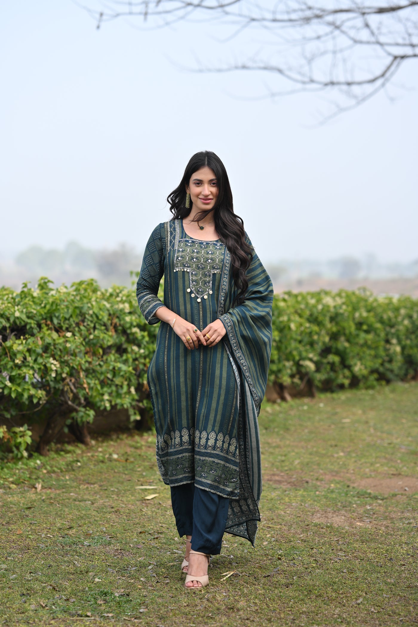 Bottle Green and Blue Ajrakh and Block Print Muslin Suit