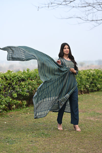 Bottle Green and Blue Ajrakh and Block Print Muslin Suit