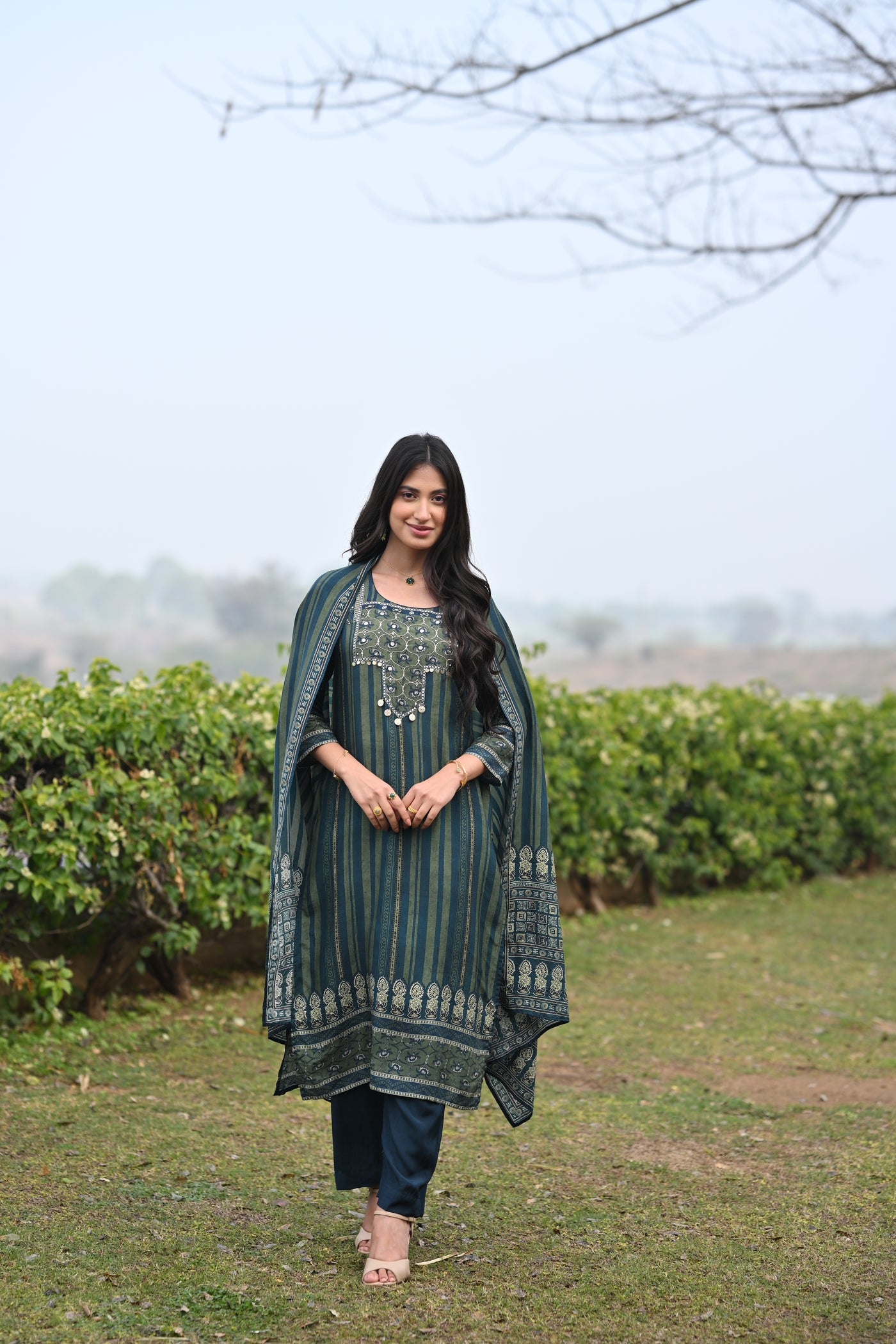 Bottle Green and Blue Ajrakh and Block Print Muslin Suit