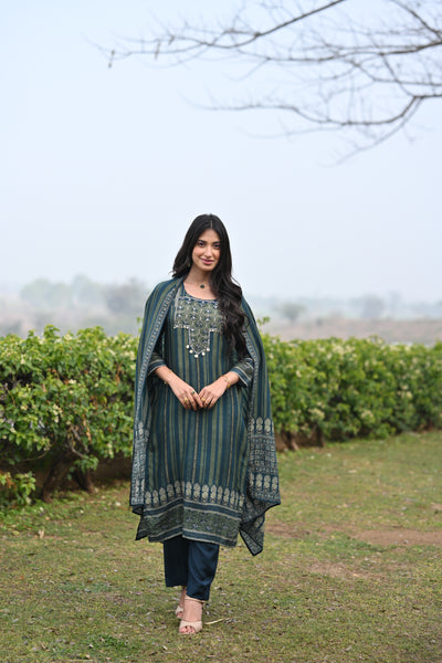 Bottle Green and Blue Ajrakh and Block Print Muslin Suit