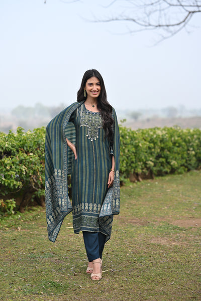 Bottle Green and Blue Ajrakh and Block Print Muslin Suit