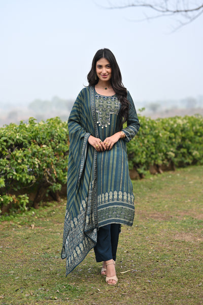 Bottle Green and Blue Ajrakh and Block Print Muslin Suit