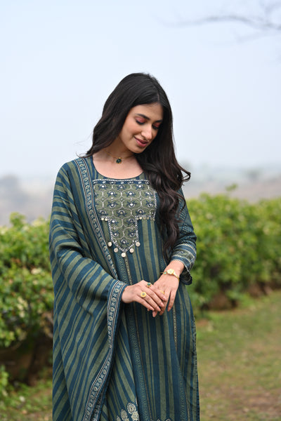 Bottle Green and Blue Ajrakh and Block Print Muslin Suit
