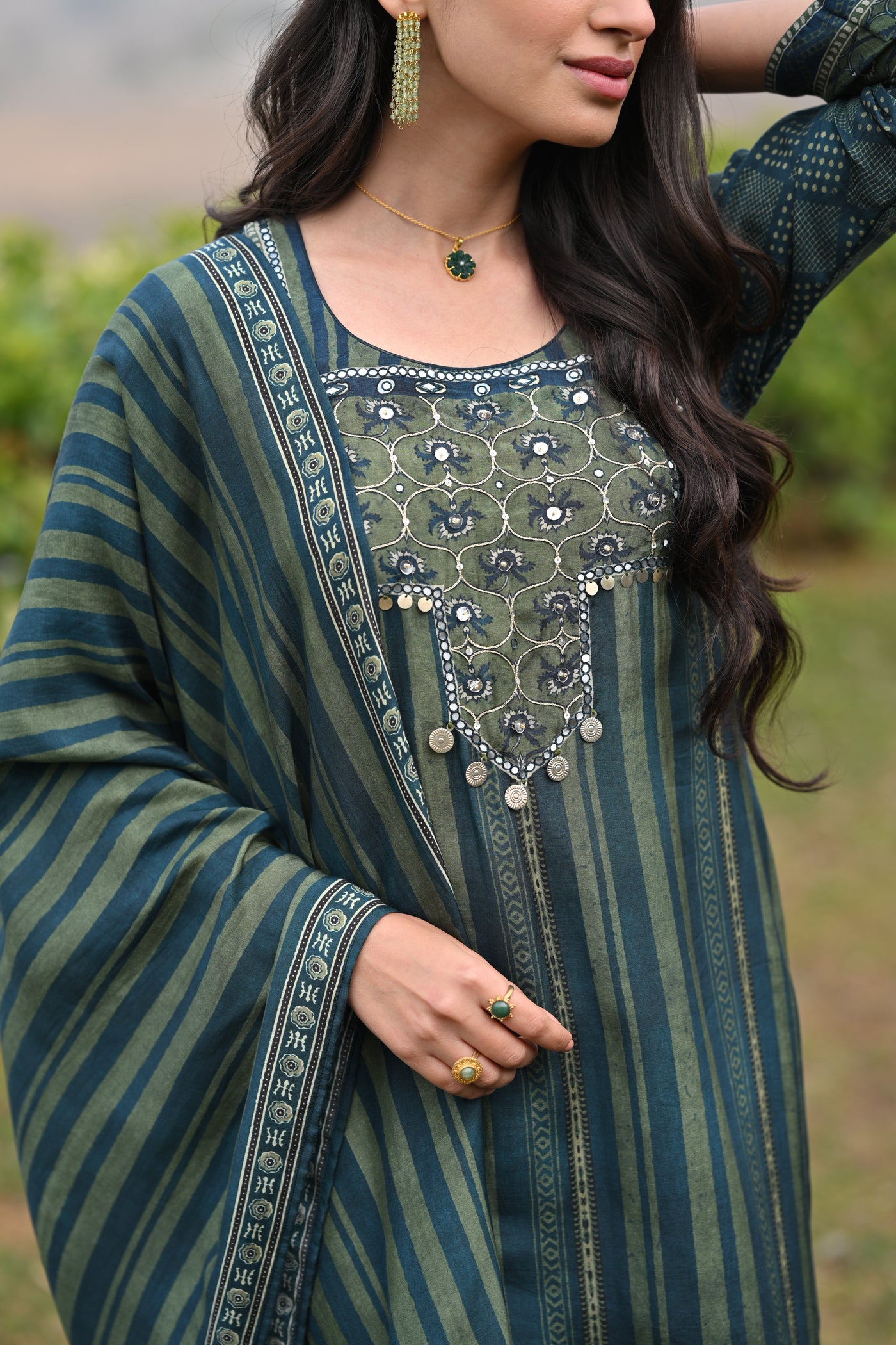 Bottle Green and Blue Ajrakh and Block Print Muslin Suit