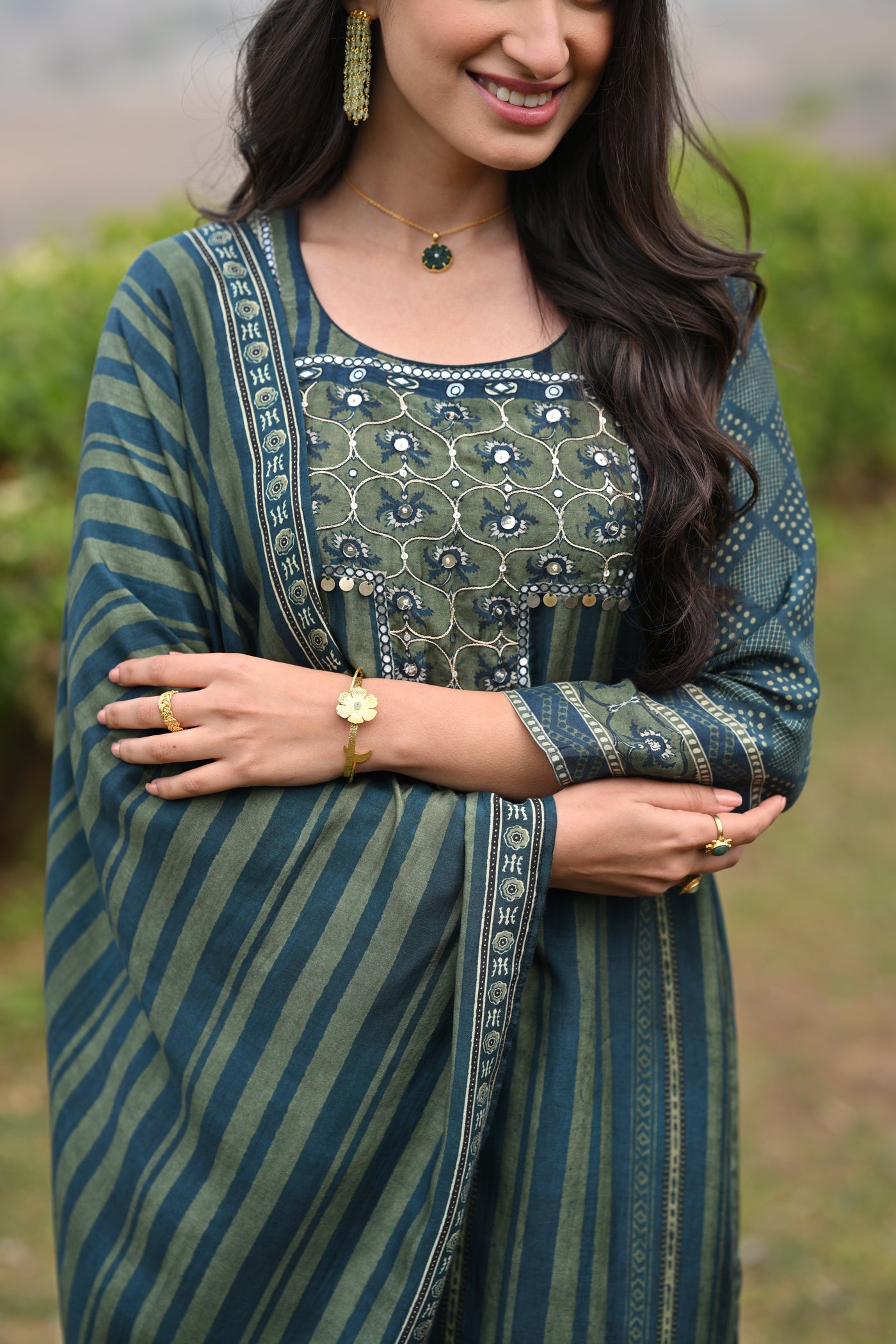 Bottle Green and Blue Ajrakh and Block Print Muslin Suit