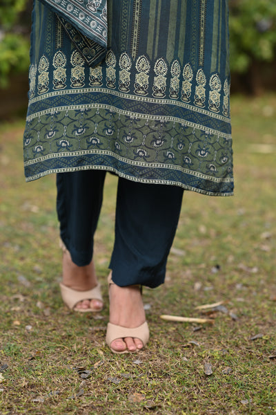 Bottle Green and Blue Ajrakh and Block Print Muslin Suit
