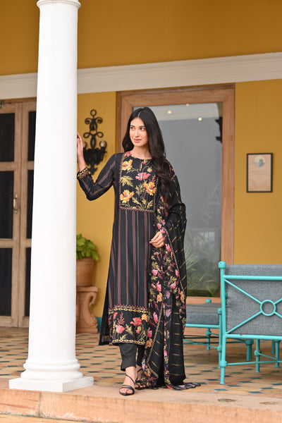 Black Fagun Floral Thread Embroidery with Scallope Dupatta Pure Muslin Suit Set