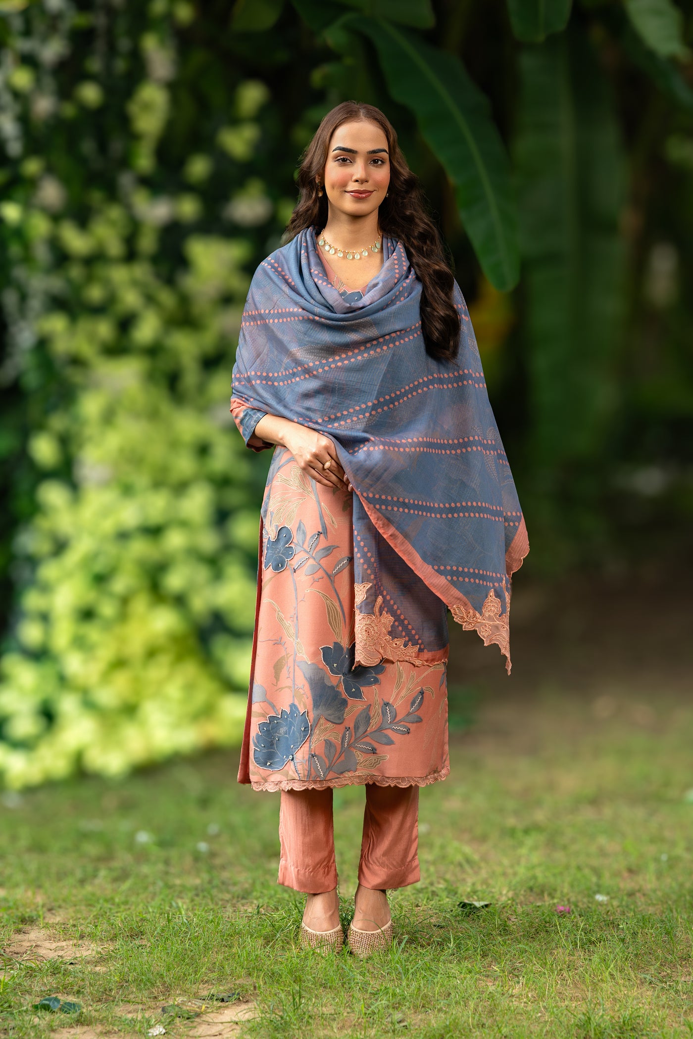 Peach and Greyish Blue Muslin Suit Set With Cut Work Dupatta