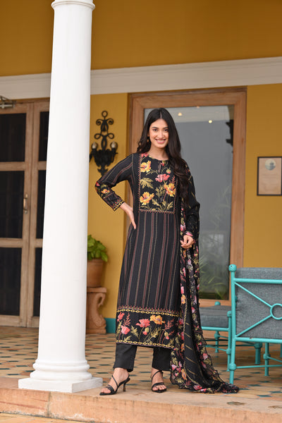 Black Fagun Floral Thread Embroidery with Scallope Dupatta Pure Muslin Suit Set