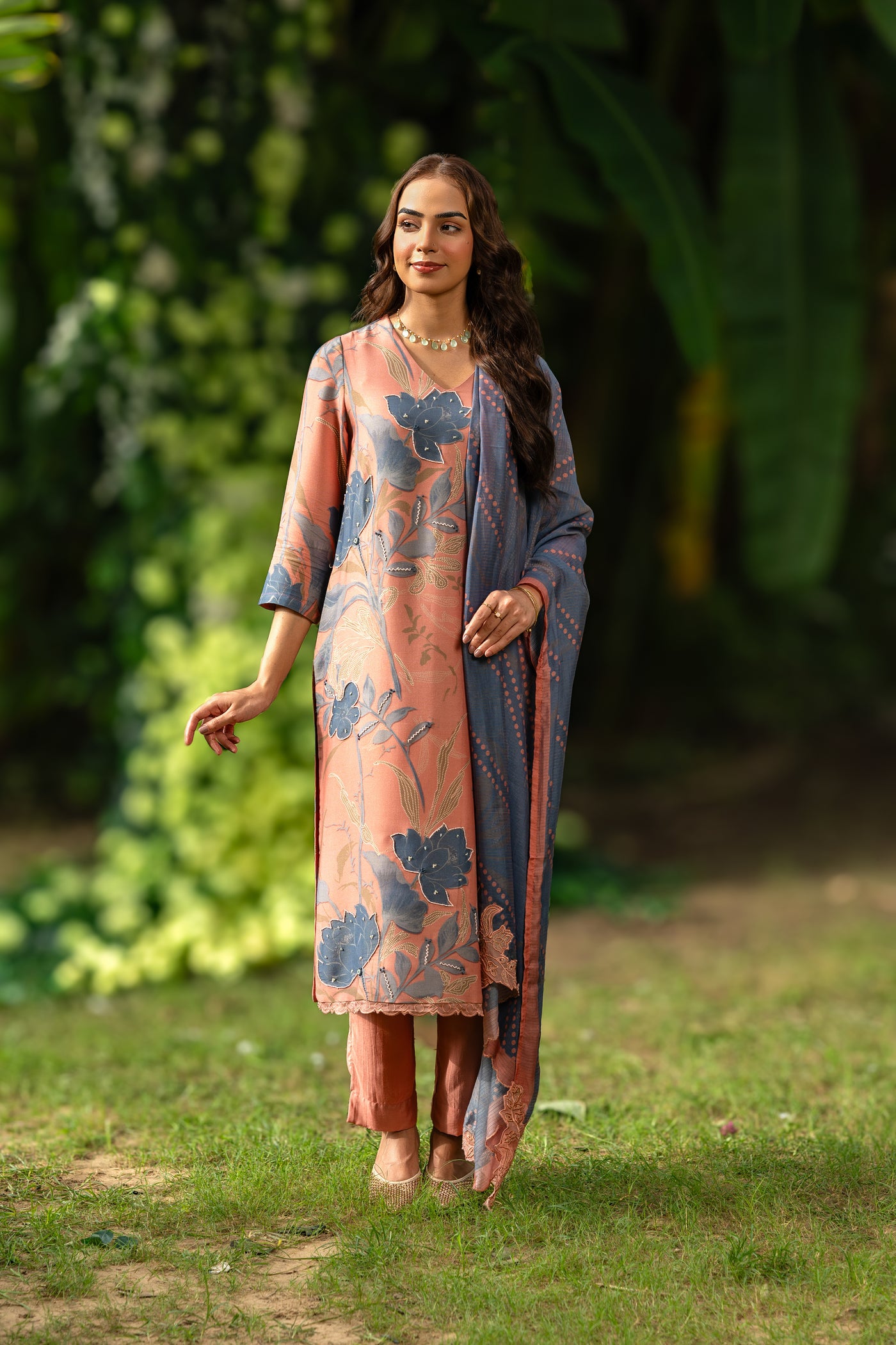 Peach and Greyish Blue Muslin Suit Set With Cut Work Dupatta