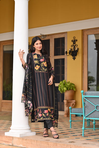 Black Fagun Floral Thread Embroidery with Scallope Dupatta Pure Muslin Suit Set