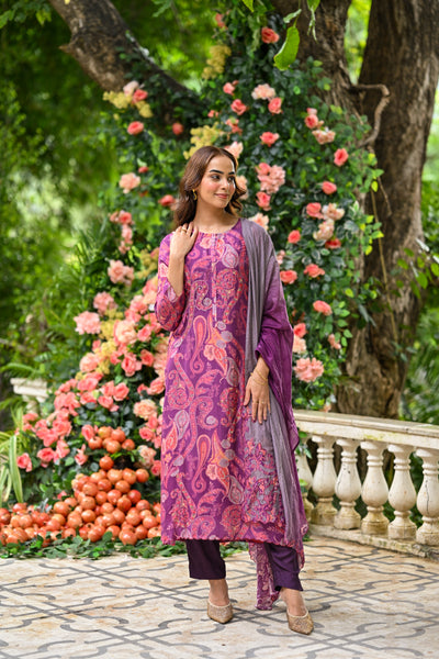 Purple Paisley Pure muslin Suit Set with Zari Thredle work and Shaded Cut work Dupatta