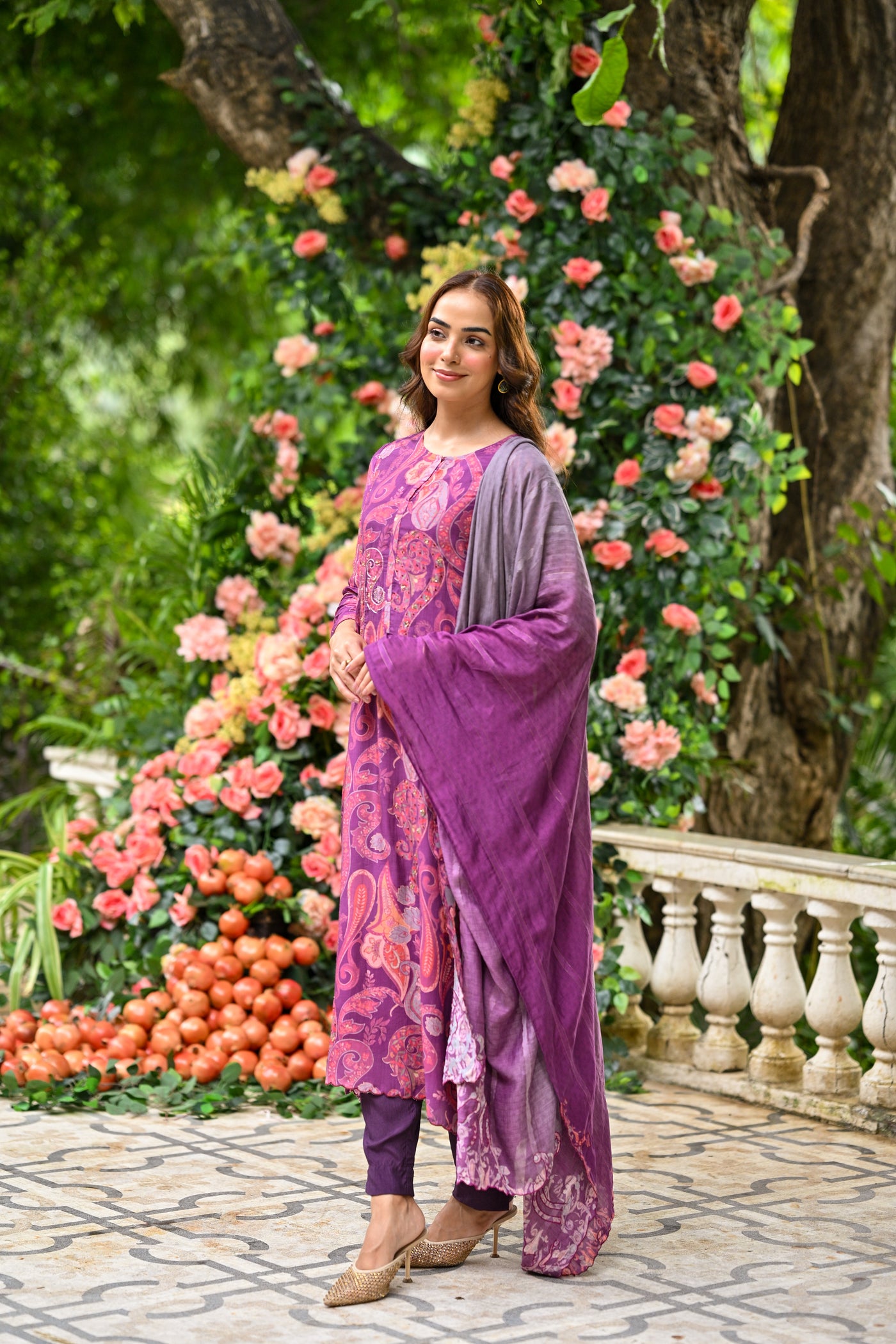 Purple Paisley Pure muslin Suit Set with Zari Thredle work and Shaded Cut work Dupatta