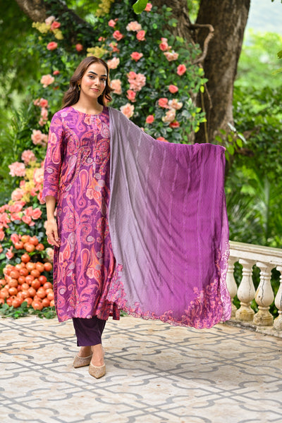 Purple Paisley Pure muslin Suit Set with Zari Thredle work and Shaded Cut work Dupatta