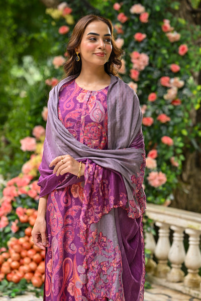 Purple Paisley Pure muslin Suit Set with Zari Thredle work and Shaded Cut work Dupatta