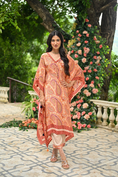 Cream Paisley Print Crepe Kaftan with Pants