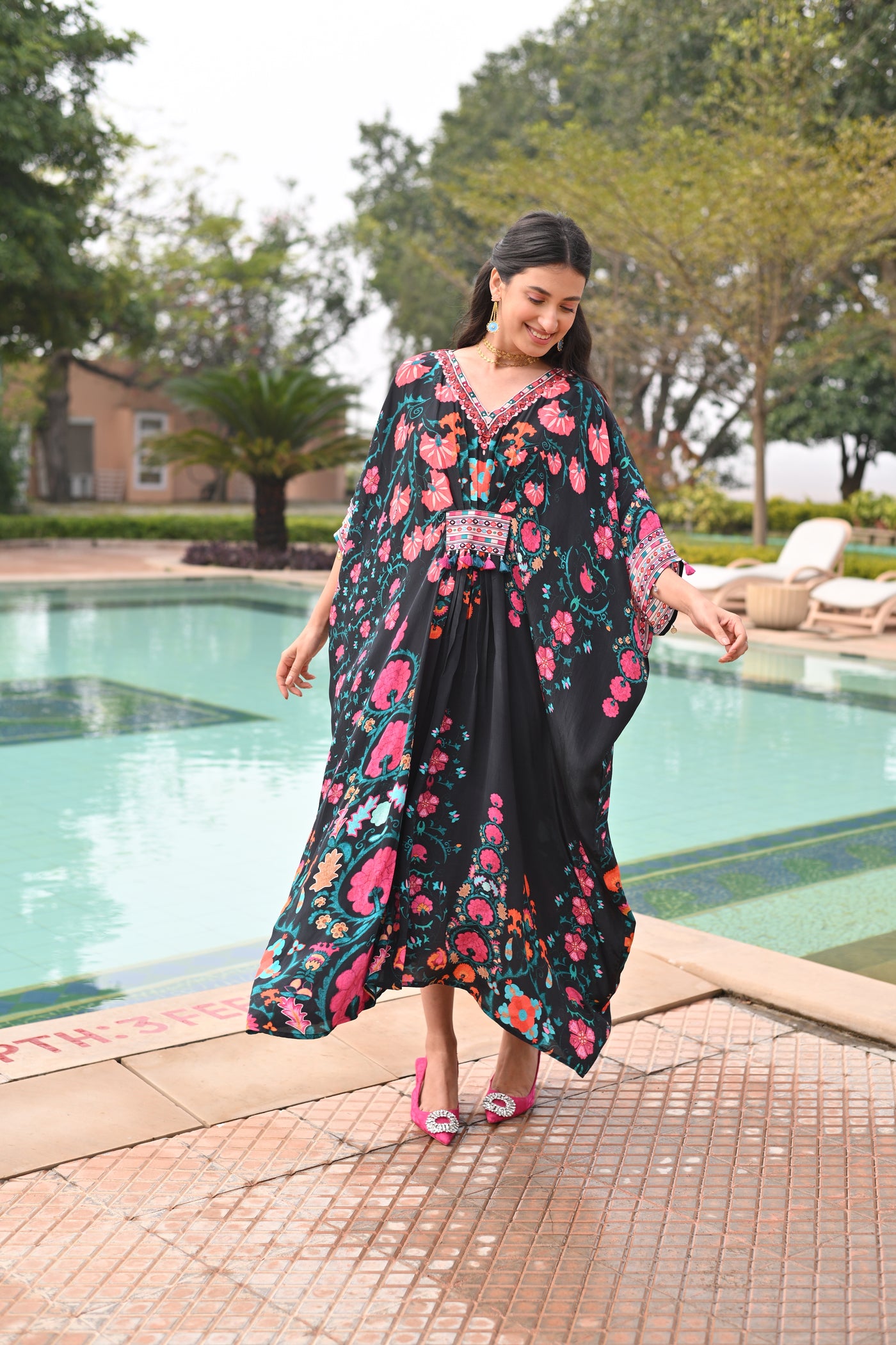 Sable Black Side Placement Panel Kaftan