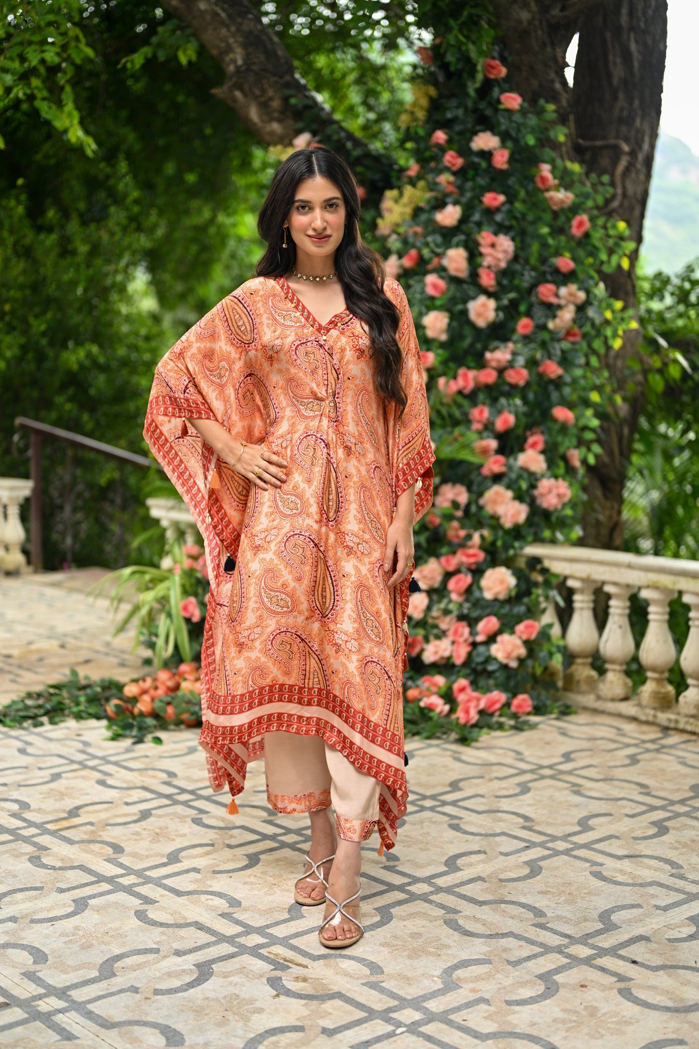 Cream Paisley Print Crepe Kaftan with Pants