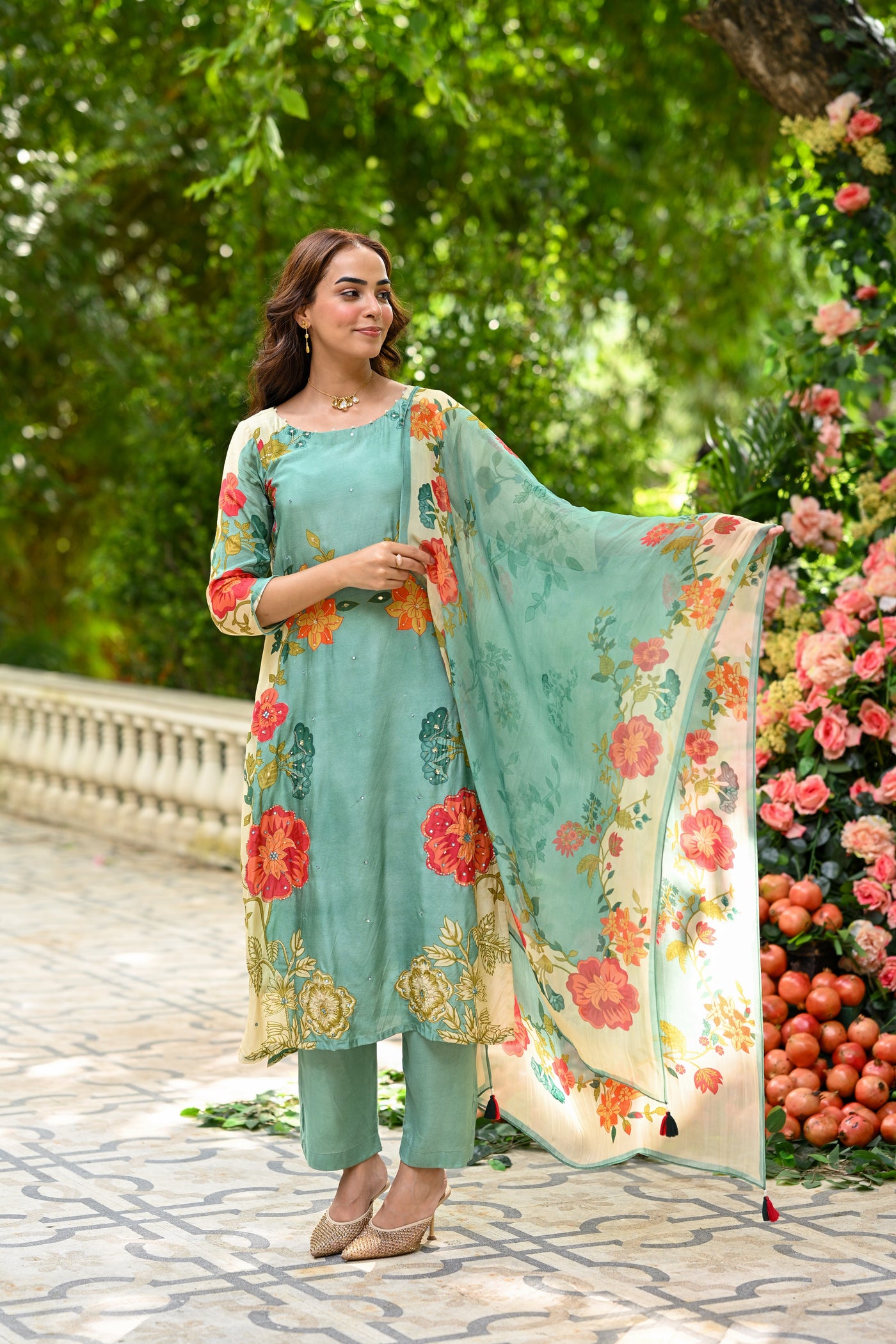 Green Utsav Floral Muslin Suit Set with Spread Gota and Sequence Work and Organza Floral Dupatta