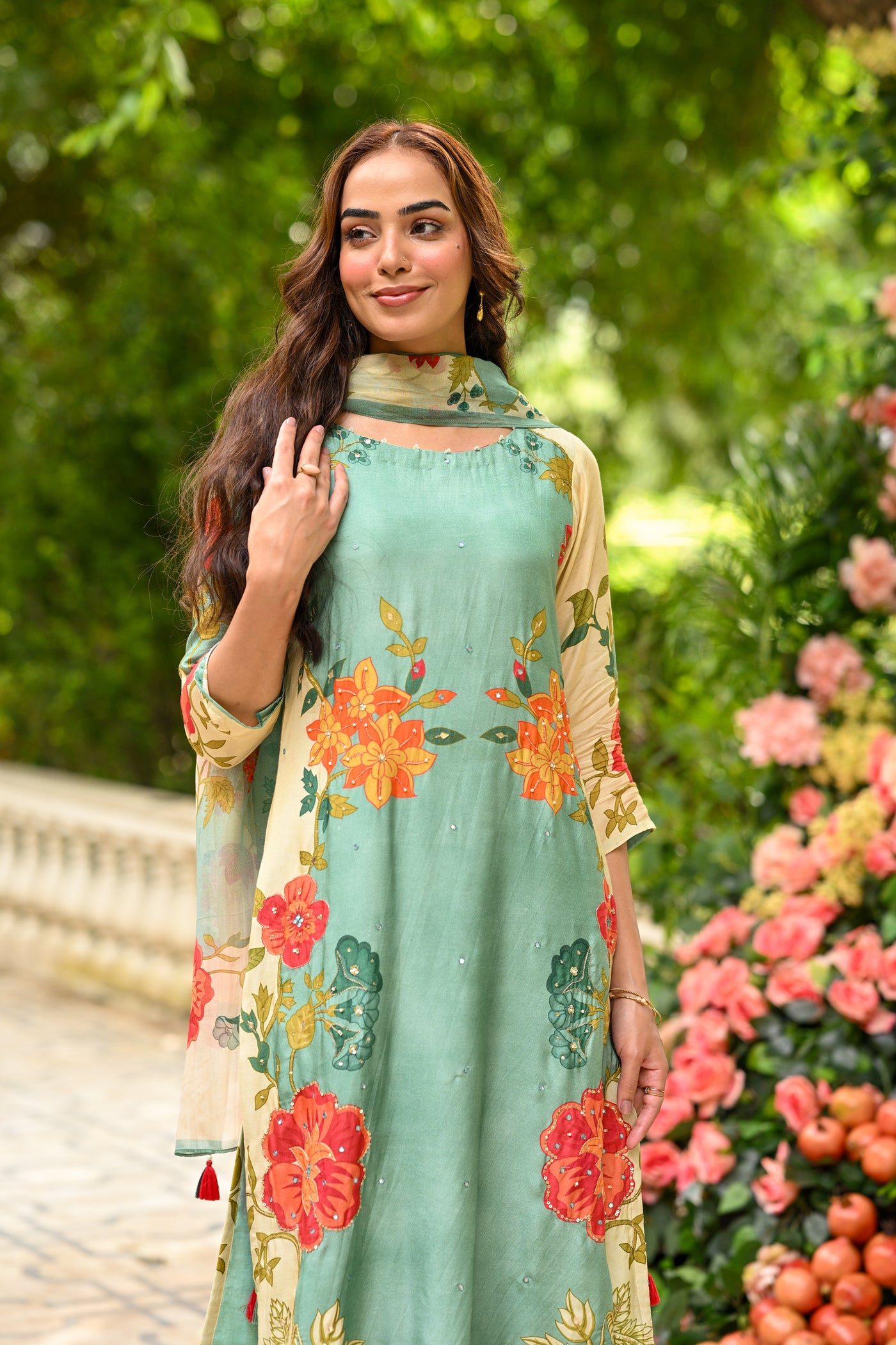 Green Utsav Floral Muslin Suit Set with Spread Gota and Sequence Work and Organza Floral Dupatta