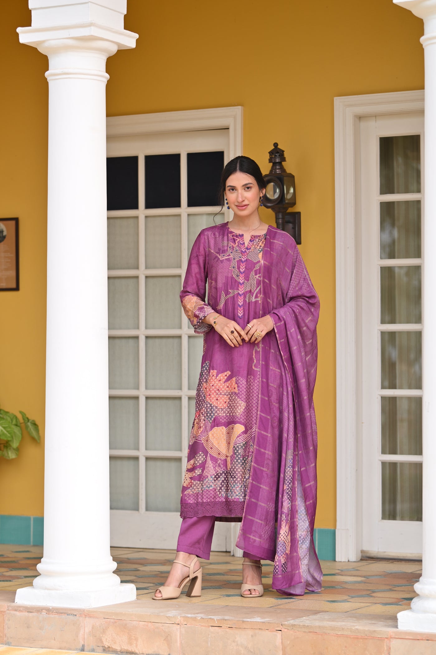 Purple Bandhani Fagun Pure Muslin Suit Set with Thredle and Yellow Pearl Work