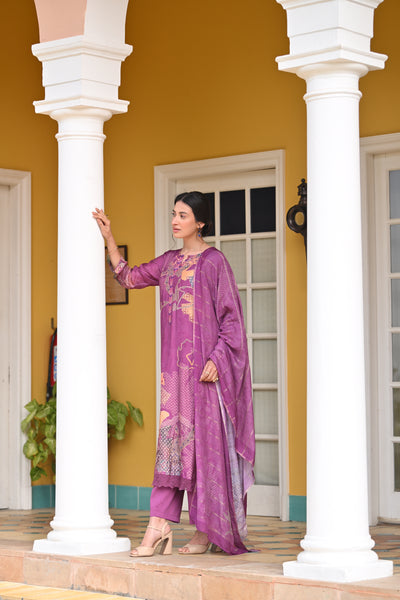 Purple Bandhani Fagun Pure Muslin Suit Set with Thredle and Yellow Pearl Work