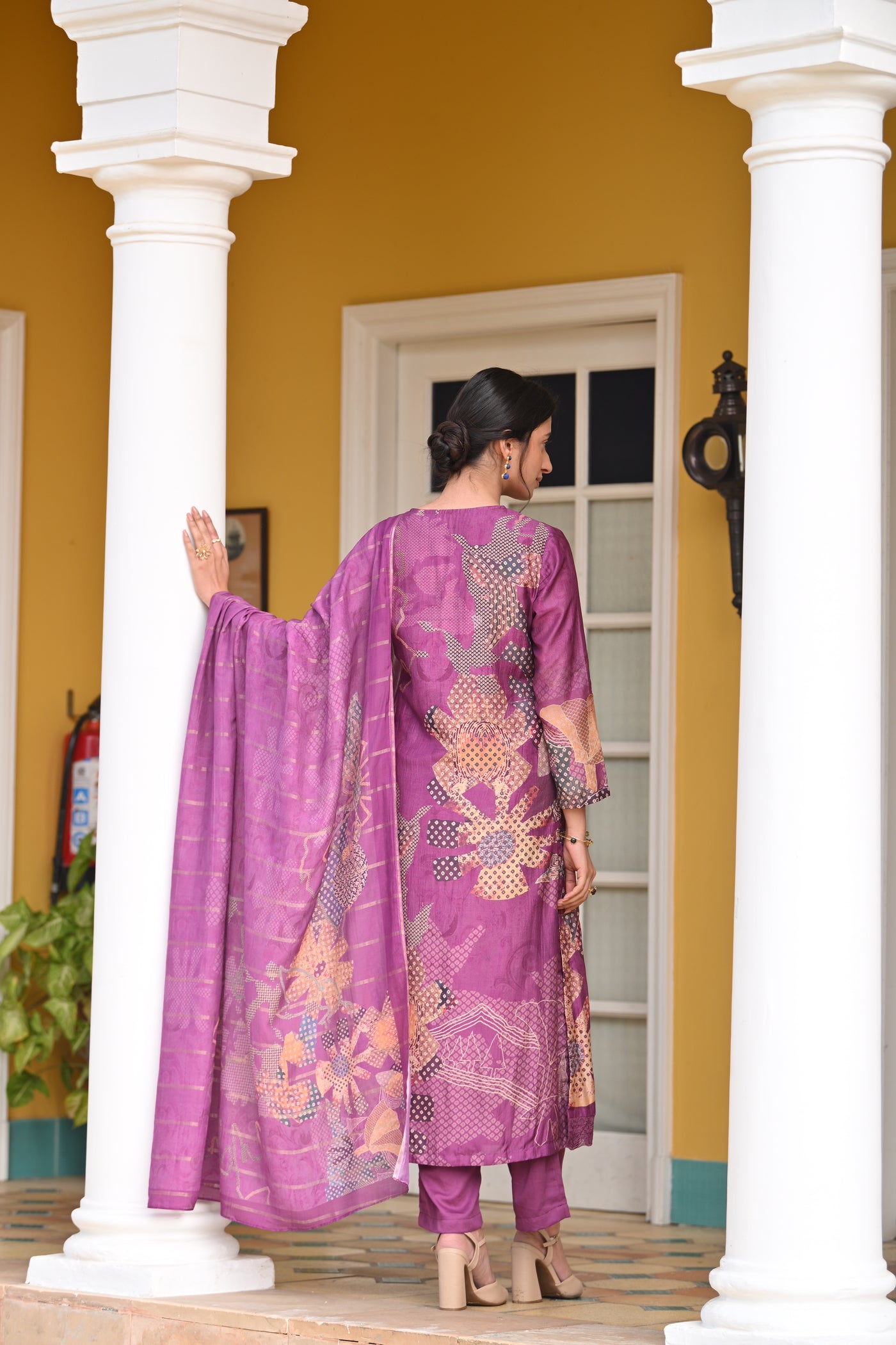 Purple Bandhani Fagun Pure Muslin Suit Set with Thredle and Yellow Pearl Work