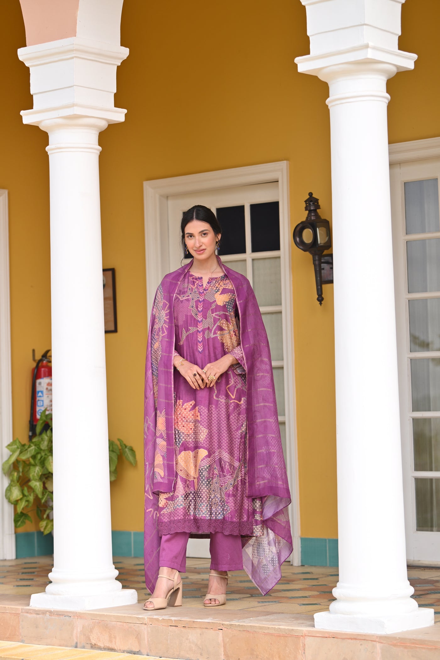 Purple Bandhani Fagun Pure Muslin Suit Set with Thredle and Yellow Pearl Work