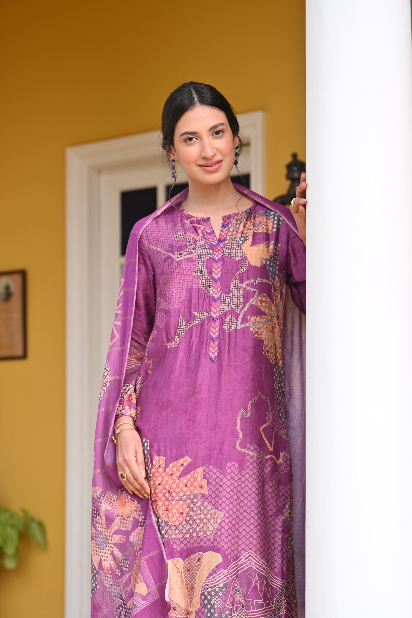 Purple Bandhani Fagun Pure Muslin Suit Set with Thredle and Yellow Pearl Work