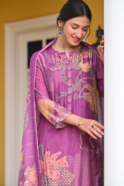 Purple Bandhani Fagun Pure Muslin Suit Set with Thredle and Yellow Pearl Work