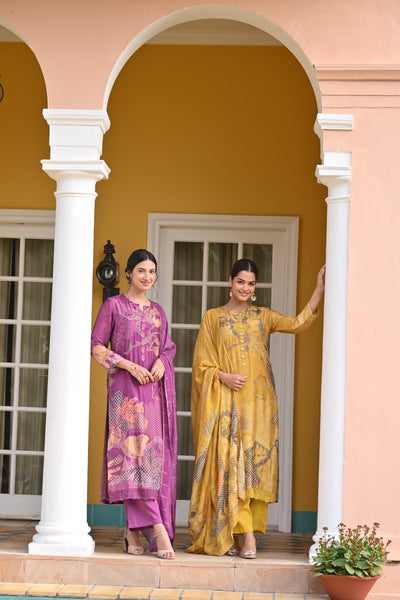 Purple Bandhani Fagun Pure Muslin Suit Set with Thredle and Yellow Pearl Work