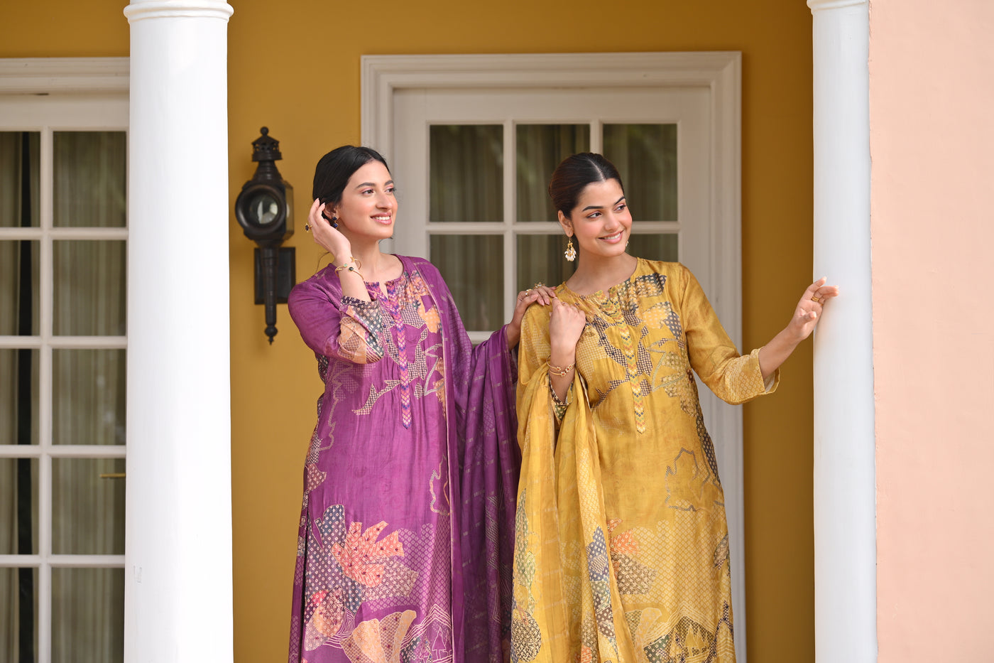 Purple Bandhani Fagun Pure Muslin Suit Set with Thredle and Yellow Pearl Work