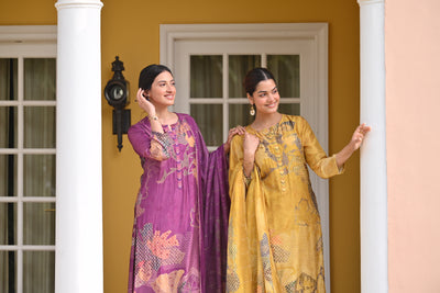 Purple Bandhani Fagun Pure Muslin Suit Set with Thredle and Yellow Pearl Work