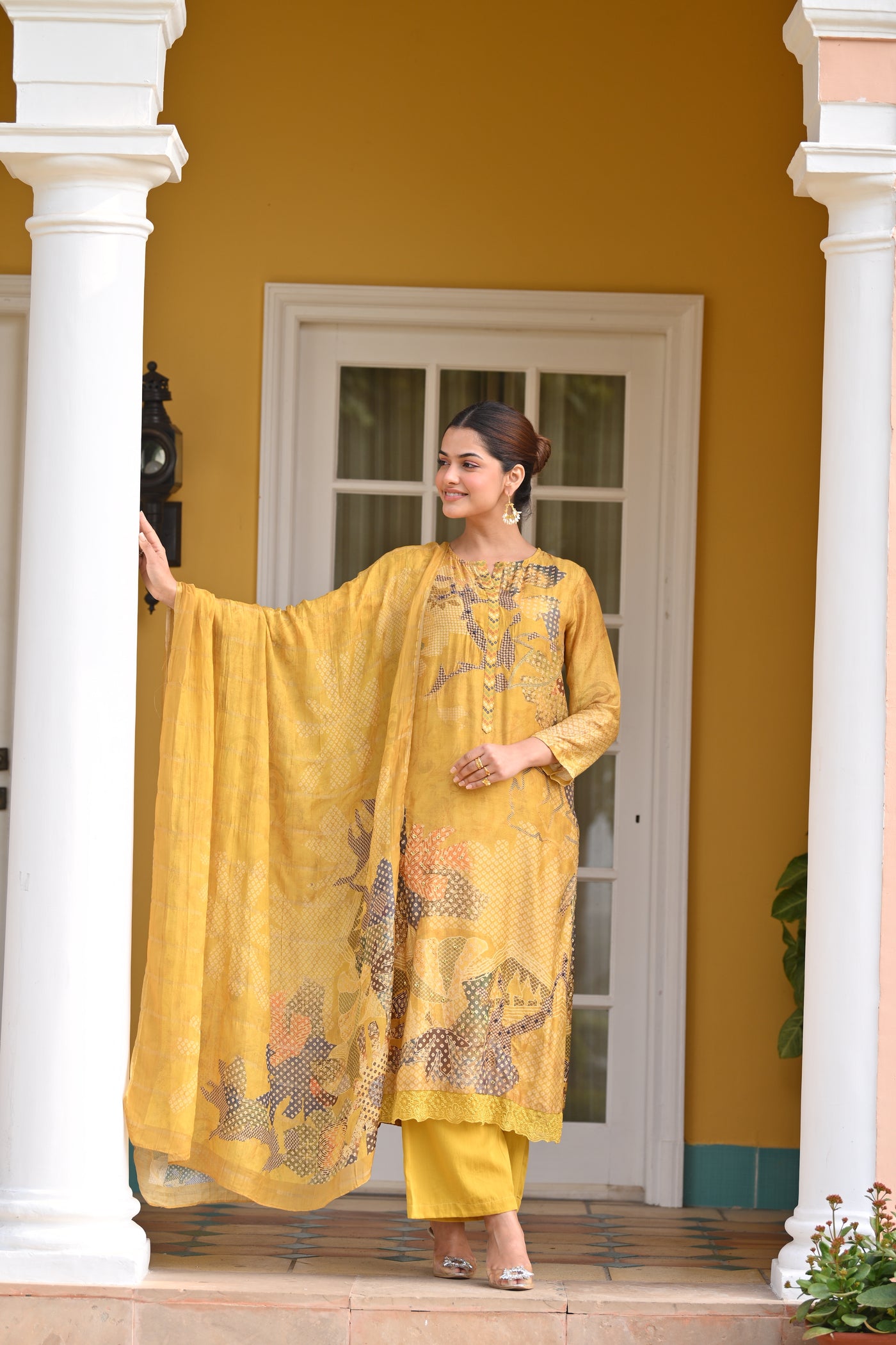 Yellow Bandhani Fagun Pure Muslin Suit Set with Thredle and Yellow Pearl Work